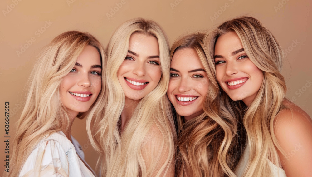 Salon skincare smiling women with long blonde hair, each of them has a different hairstyle and color, flawless makeup. diverse different skin tones, african ethnicity lifestyle friendship group Salon skincare smiling women with long blonde hair, each of them has a different hairstyle and color, flawless makeup. diverse different skin tones, african ethnicity lifestyle friendship group