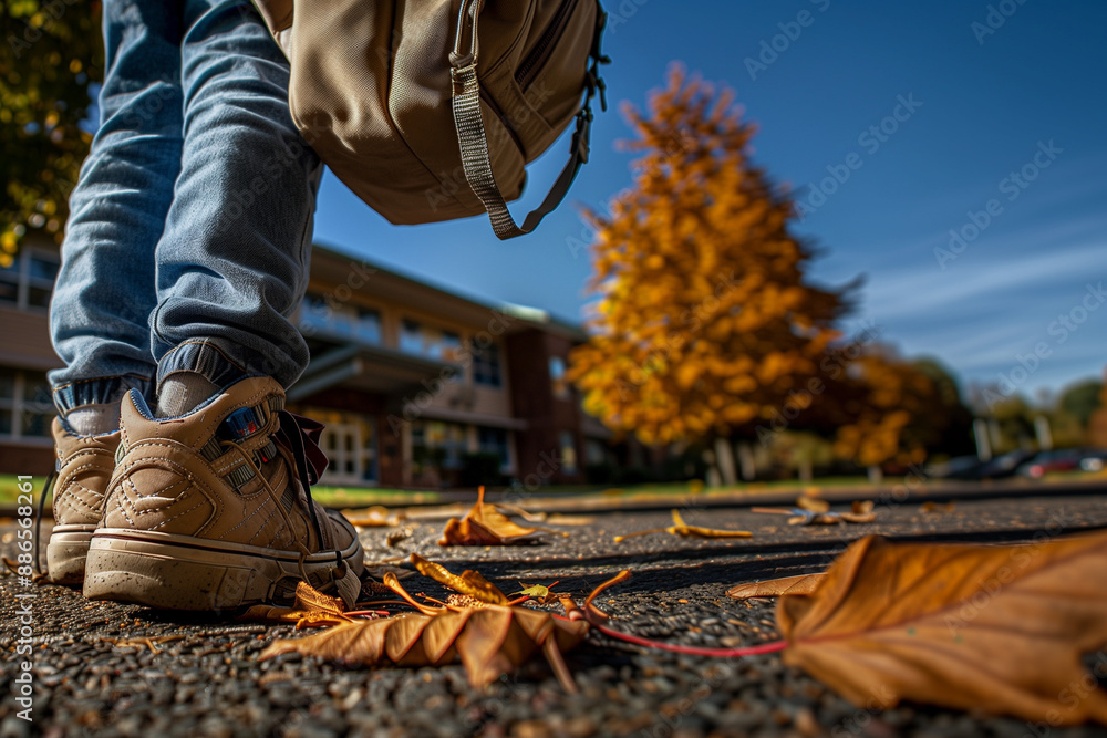 Child standing ine front of his school on back-to-school day. Dead leaves on the ground Child standing ine front of his school on back-to-school day. Dead leaves on the ground