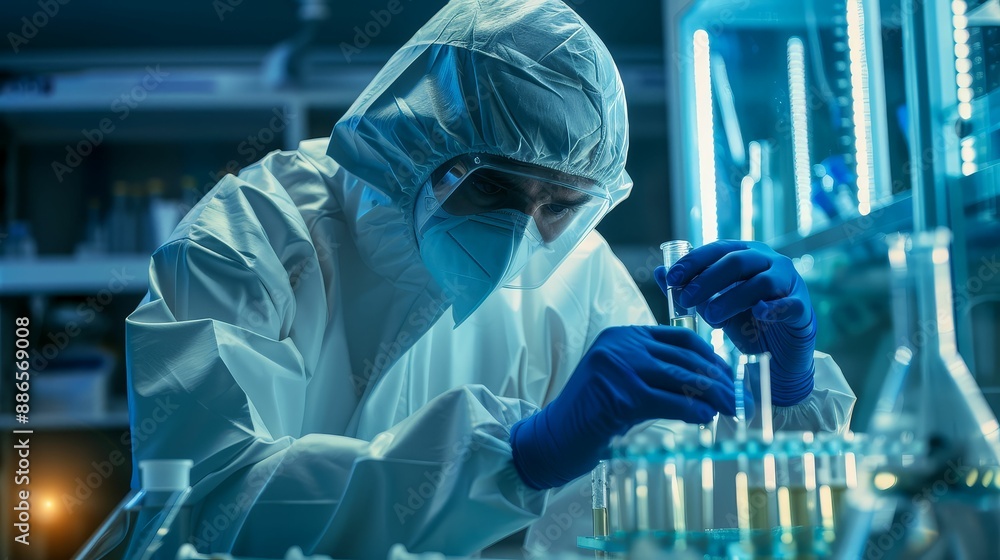 Scientist in a protective suit studying virus cultures under a biosafety cabinet, surrounded by petri dishes Scientist in a protective suit studying virus cultures under a biosafety cabinet, surrounded by petri dishes