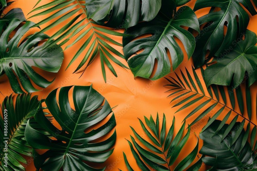 Tropical Leaves on Vibrant Orange Background Tropical Leaves on Vibrant Orange Background