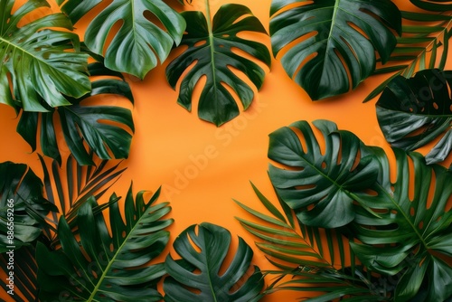 Tropical Monstera Leaves on Orange Background