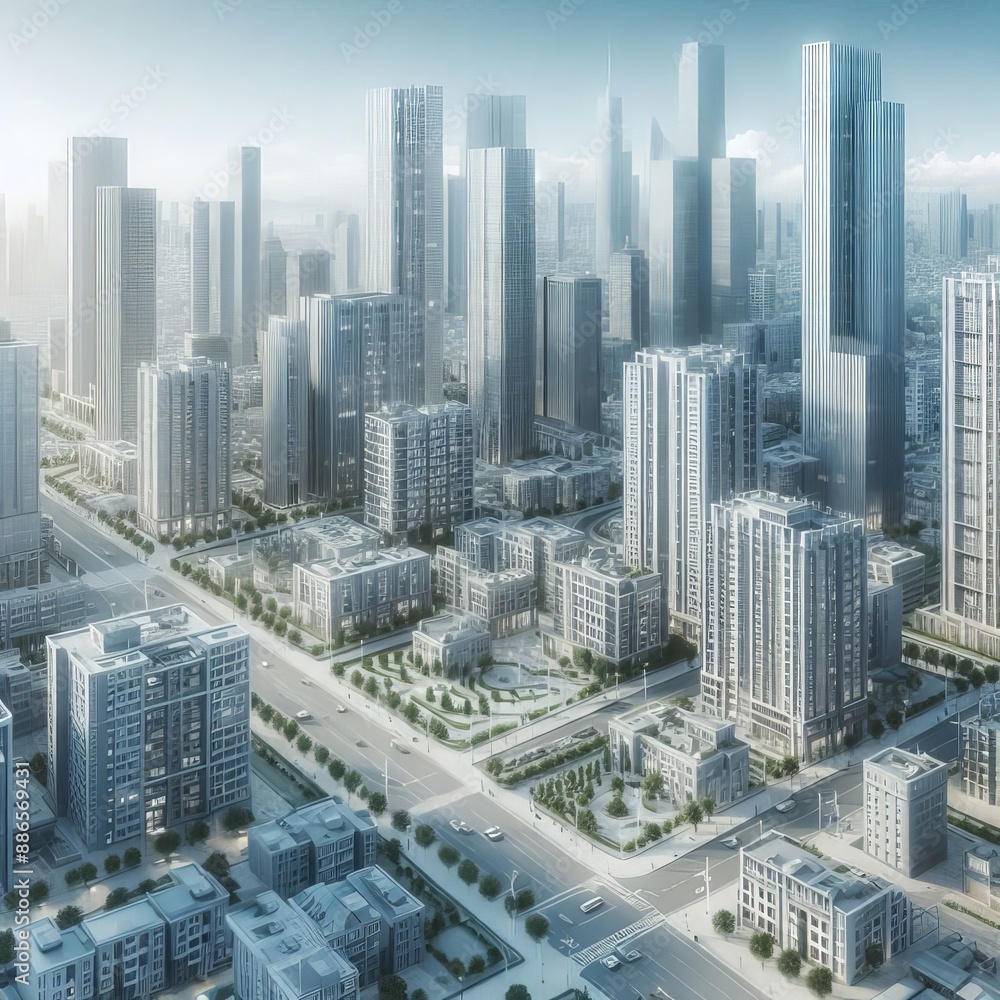 Fototapeta premium Современный городской пейзаж с высотными зданиями, улицами и парками. 