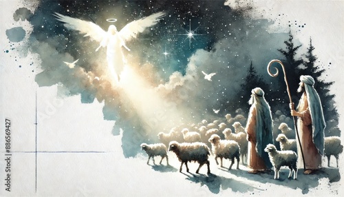 Shepherds gaze at a radiant angel in the night sky, with their flock nearby.
