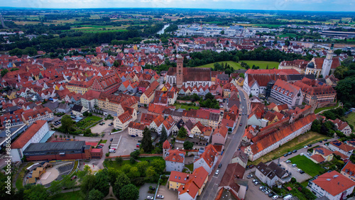 Aerial panorama view the old town of Donauworth on a cloudy day in Germany. photo