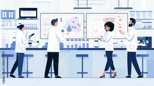 Research team in a modern lab discussing medical data on digital screens, surrounded by microscopes and test tubes