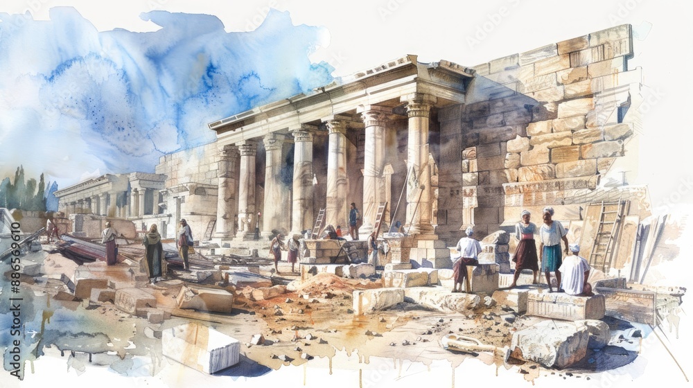 Fototapeta premium Rebuilding the Temple of Jerusalem, Ezra 1-6 & Haggai 1-2. Digital watercolor illustration.