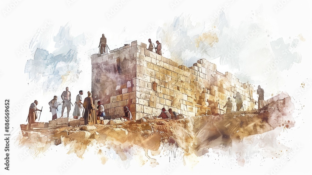 Fototapeta premium Rebuilding the Temple of Jerusalem, Ezra 1-6 & Haggai 1-2. Digital watercolor illustration.