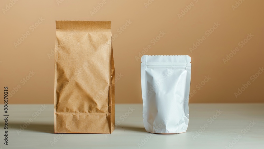 Fototapeta premium A brown kraft paper coffee bag and white mylar foil food Pouch stand side by side on the table, front view
