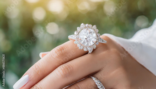 Close up of an elegant diamond rings on woman finger.love and wedding concept.soft and selective focus.