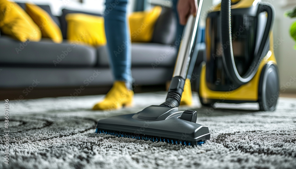 Person Vacuuming Carpet in Modern Living Room with Yellow Sofa
Person Vacuuming Carpet in Modern Living Room with Yellow Sofa
