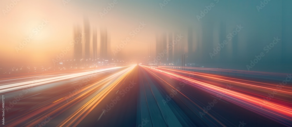 Futuristic cityscape with blurred light trails on highway at dusk Futuristic cityscape with blurred light trails on highway at dusk
