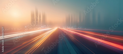 Futuristic cityscape with blurred light trails on highway at dusk