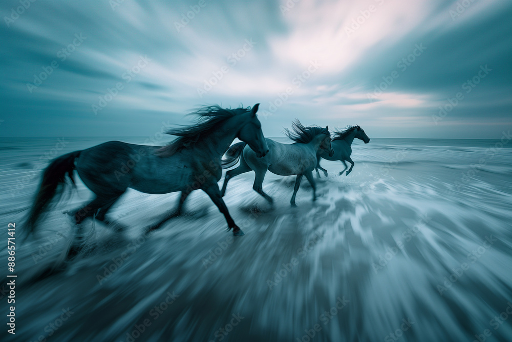 Obraz premium Black Horses Running on the Beach with Motion Blur, wild and free