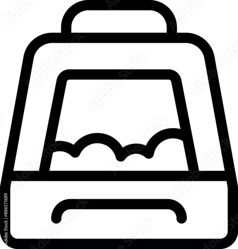 Line drawing of a cat litter box with a handle, representing pet care and hygiene products