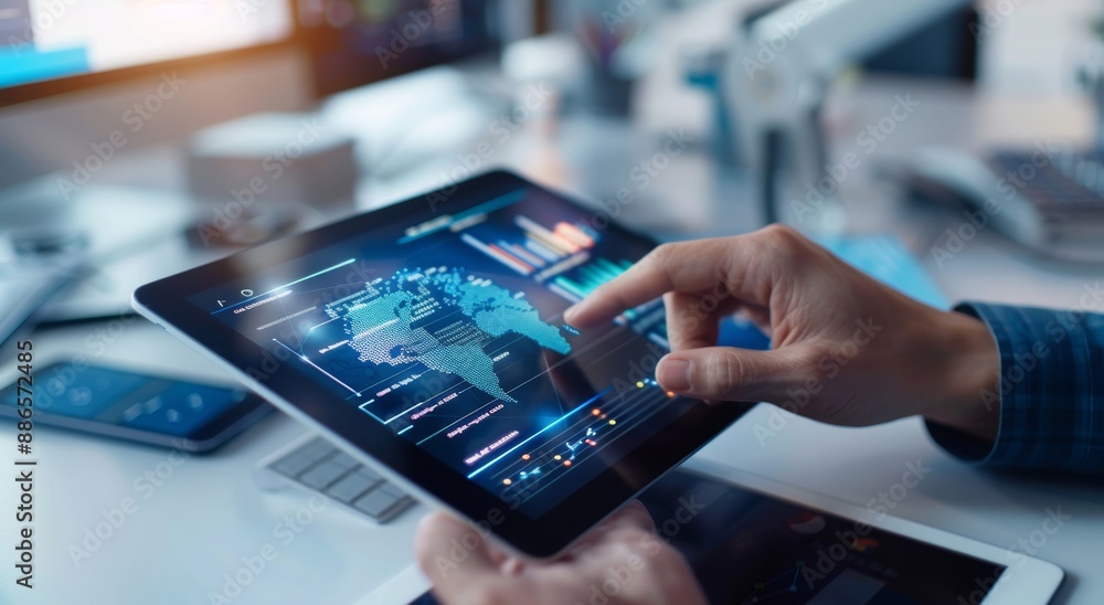 A close-up of hands holding an iPad displaying digital graphs and data, with office equipment A close-up of hands holding an iPad displaying digital graphs and data, with office equipment