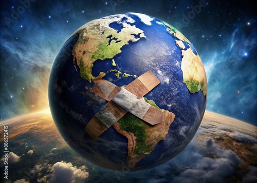 Fototapeta Naklejka Na Ścianę i Meble -  A sorrowful planet Earth with patches and bandages, symbolizing environmental harm and neglect, lies alone in a desolate atmosphere with ample copy space for added text or design.