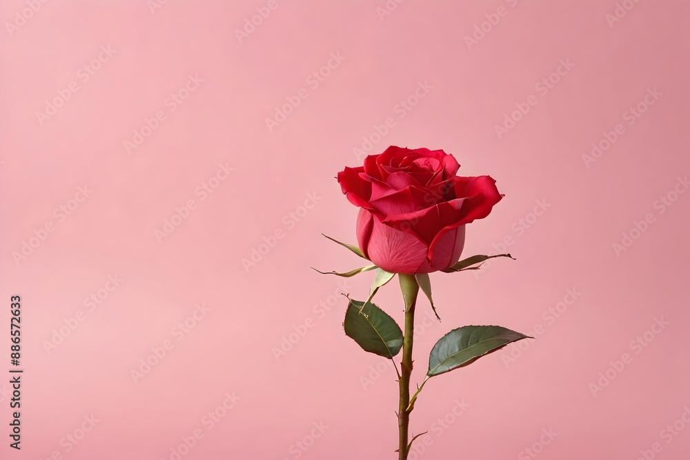 Single red rose blossom with delicate petals isolated on a pastel pink background, a perfect romantic gift Single red rose blossom with delicate petals isolated on a pastel pink background, a perfect romantic gift