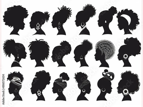 Set of silhouettes of an afro girl. Collection of black woman's faces with stylized hairstyles. Illustration of a stylized girl's head. photo