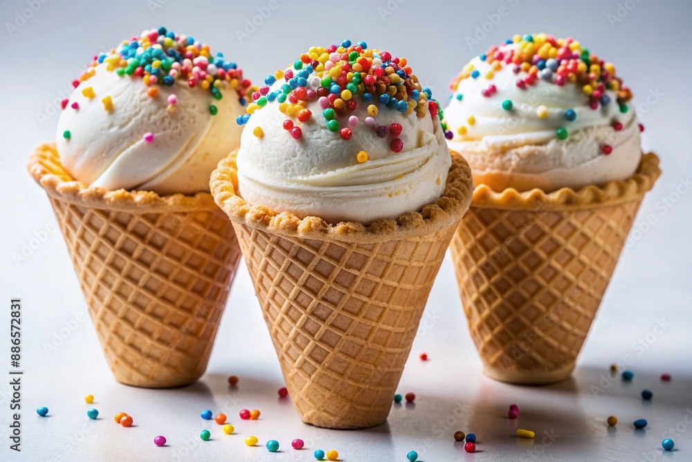 Delicious waffle cone filled with three scoops of creamy ice cream ...
