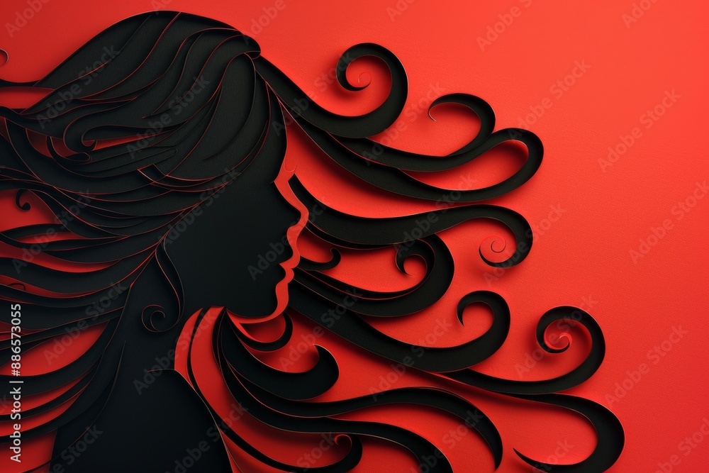 Paper cut of woman silhouette portrait on plain background with copy space. Simple logo design showcasing beauty, fashion, style, make-up, and hairstyles. Paper cut of woman silhouette portrait on plain background with copy space. Simple logo design showcasing beauty, fashion, style, make-up, and hairstyles.