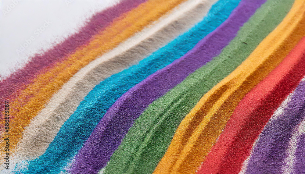 Close up of stripes of rainbow coloured sand and copy space on white background Close up of stripes of rainbow coloured sand and copy space on white background