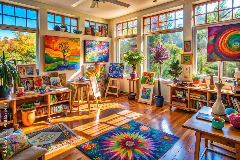 Vibrant art supplies, colorful paintings, and eclectic collages fill a warm, sunny room, capturing the therapeutic essence of creative expression and emotional healing. Vibrant art supplies, colorful paintings, and eclectic collages fill a warm, sunny room, capturing the therapeutic essence of creative expression and emotional healing.