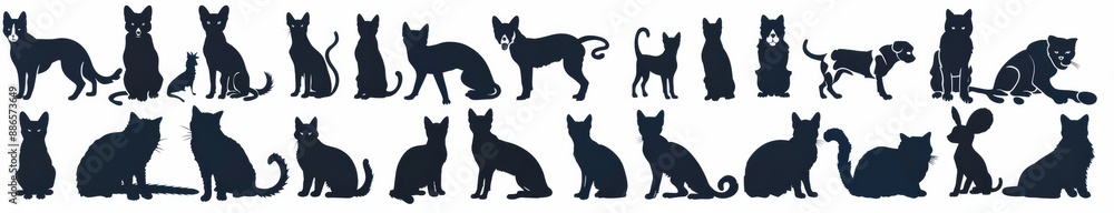 Silhouettes of dogs in different poses in flat black colors. Set of funny pet animals. Silhouettes of dogs in different poses in flat black colors. Set of funny pet animals.