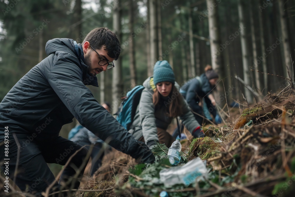Volunteers group collecting trash in the forest Generative Ai Volunteers group collecting trash in the forest Generative Ai