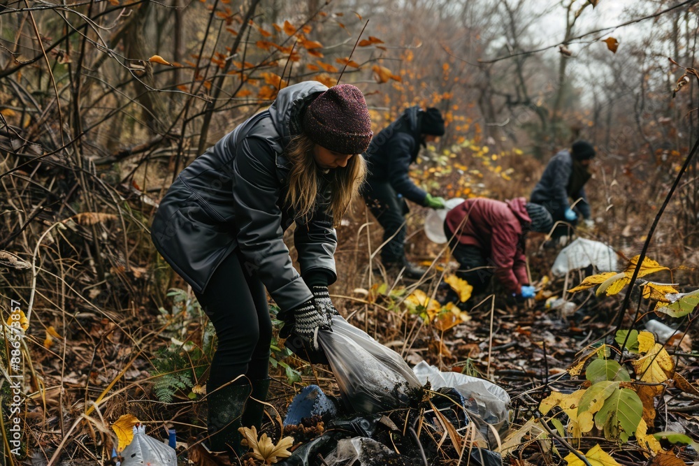 Volunteers group collecting trash in the forest Generative Ai Volunteers group collecting trash in the forest Generative Ai
