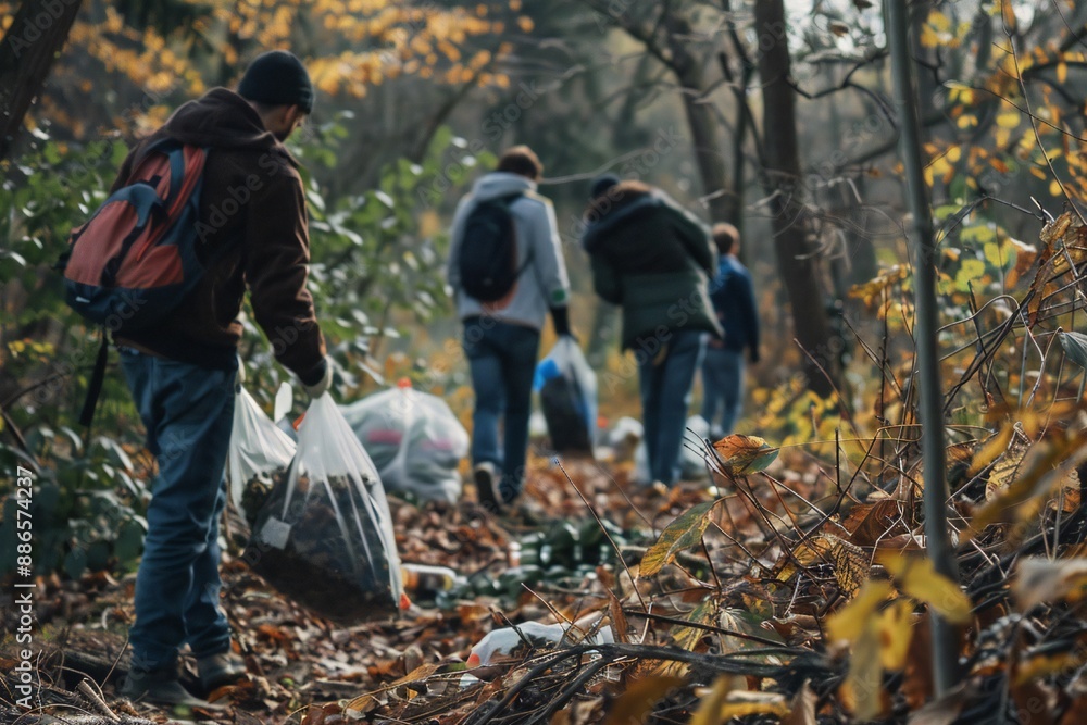 Volunteers group collecting trash in the forest Generative Ai Volunteers group collecting trash in the forest Generative Ai