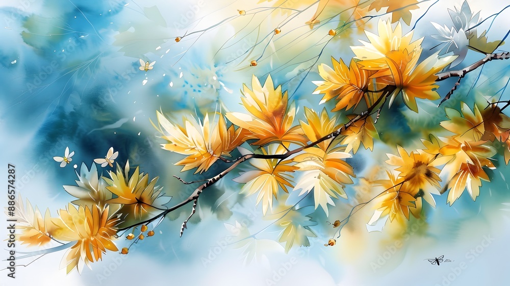 Vibrant Autumn Larch Leaves and Whiteflies in Watercolor Composition Vibrant Autumn Larch Leaves and Whiteflies in Watercolor Composition