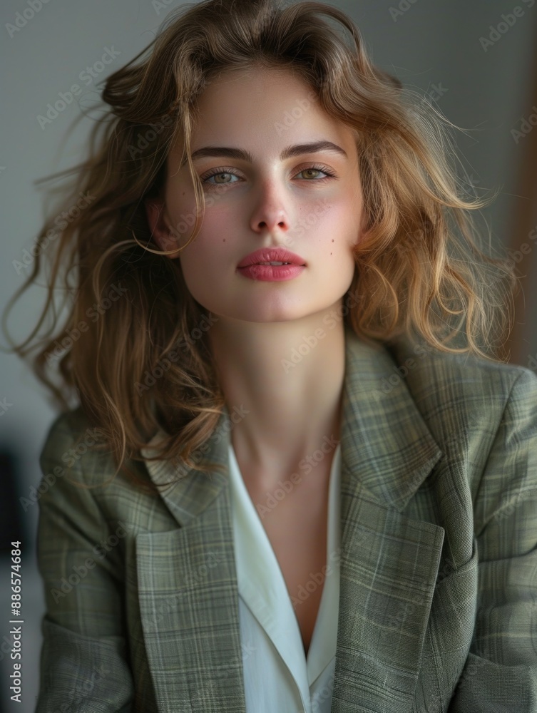 A woman with long hair wearing a blazer A woman with long hair wearing a blazer