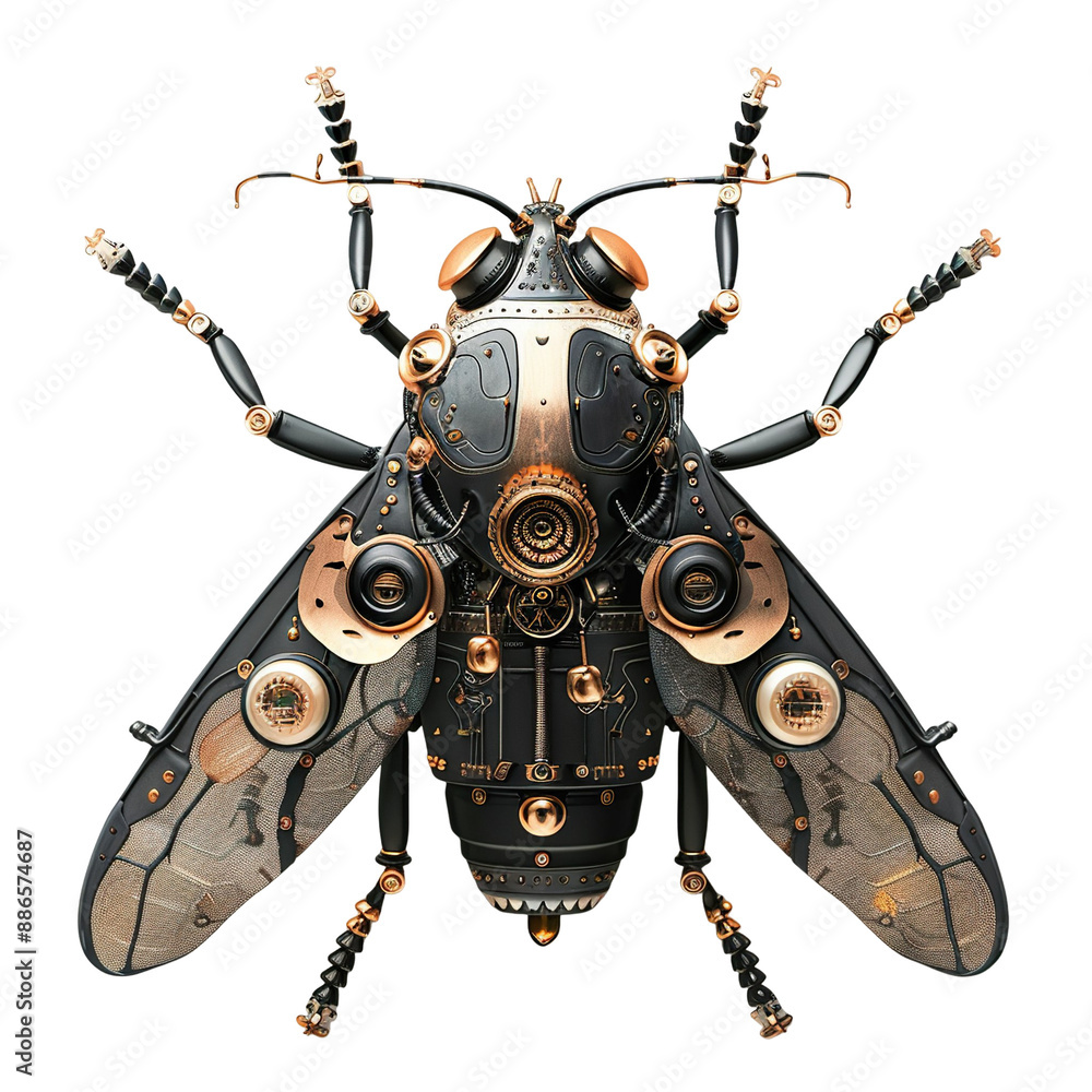 Top view of bronze robotic fly isolated on a white transparent background Top view of bronze robotic fly isolated on a white transparent background
