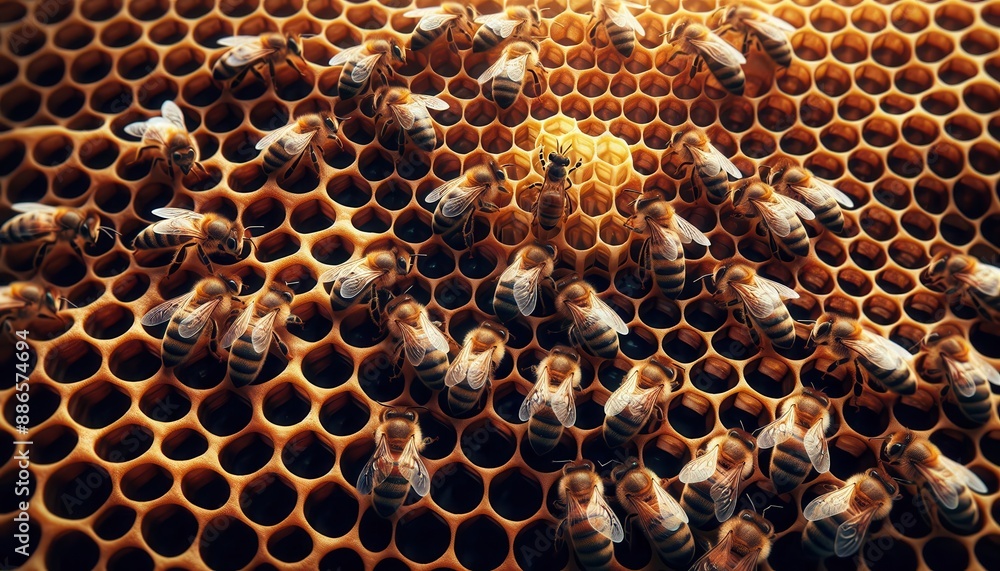 Close-up photo of a honeycomb filled with golden honey. A bee with yellow and black stripes is perched on the honeycomb, natural, organic, healthy food, Close-up photo of a honeycomb filled with golden honey. A bee with yellow and black stripes is perched on the honeycomb, natural, organic, healthy food,