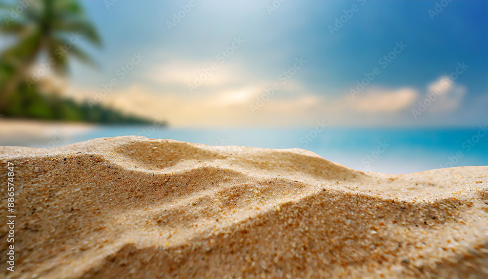 Close up sand with blurred sea sky background, summer day, copy space or for product. Summer Close up sand with blurred sea sky background, summer day, copy space or for product. Summer