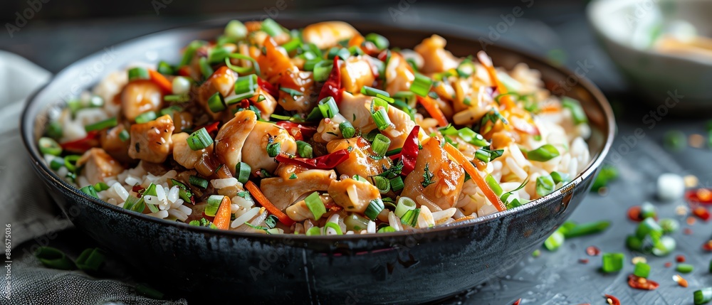A succulent chicken rice dish is garnished with spring onions and chili, served in a black bowl, ready to be enjoyed A succulent chicken rice dish is garnished with spring onions and chili, served in a black bowl, ready to be enjoyed