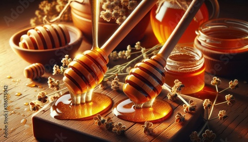 Close-up photo of a wooden table topped with a wooden spoon filled with honey. The spoon is sitting on a piece of wood, and the honey is dripping from it