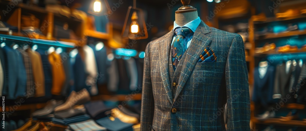 Fototapeta premium Elegant suit on a mannequin in a stylish clothing store, soft lighting