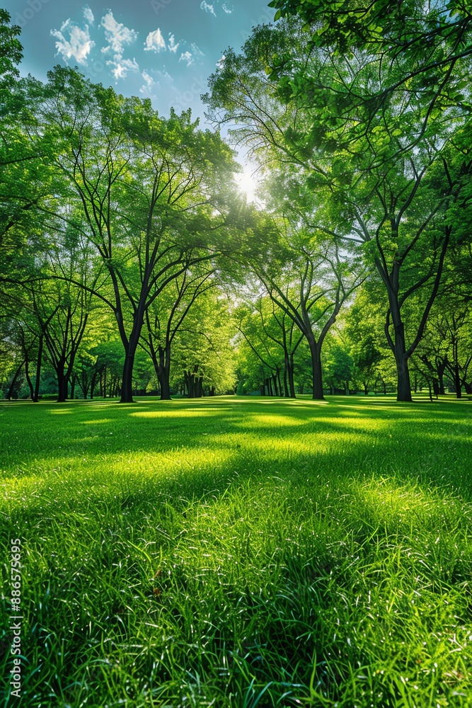 Fototapeta premium Lush green grass and trees in a peaceful park setting, offering a serene landscape on a bright summer day