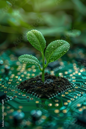 Green plant sprouting from a circuit board, symbolizing ecotechnology