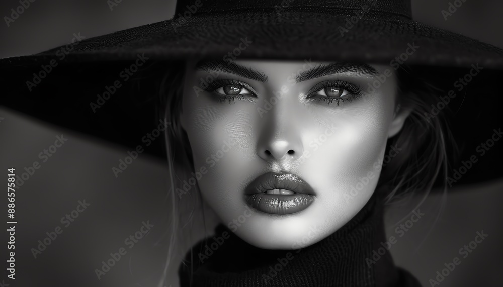 Mysterious woman in widebrim hat, black and white, elegant portrait Mysterious woman in widebrim hat, black and white, elegant portrait