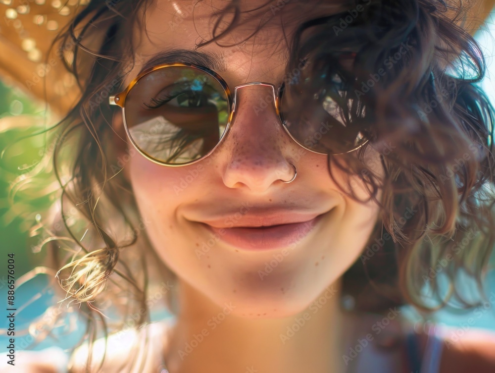 A close-up shot of a person wearing sunglasses and a hat, ideal for use in portraits or profiles A close-up shot of a person wearing sunglasses and a hat, ideal for use in portraits or profiles