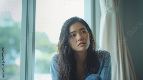 Pensive Southeast Asian Woman in Casual Wear, Reflecting by a Window, Ideal for Editorial and Lifestyle Design Free Download Pensive Southeast Asian Woman in Casual Wear, Reflecting by a Window, Ideal for Editorial and Lifestyle Design - GFXLoad