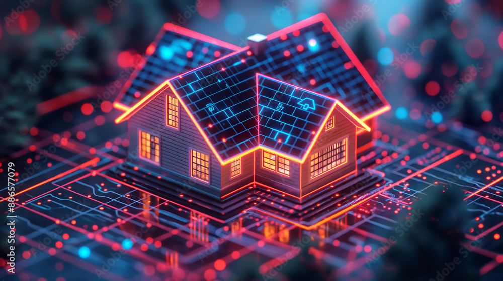 3D renderings of holographic images depict futuristic homes, embodying the integration of advanced technology and the Internet of Things (IoT) in modern living spaces. 3D renderings of holographic images depict futuristic homes, embodying the integration of advanced technology and the Internet of Things (IoT) in modern living spaces.