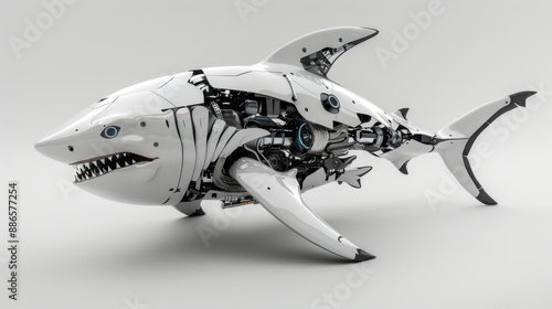 White shark robot on gray background