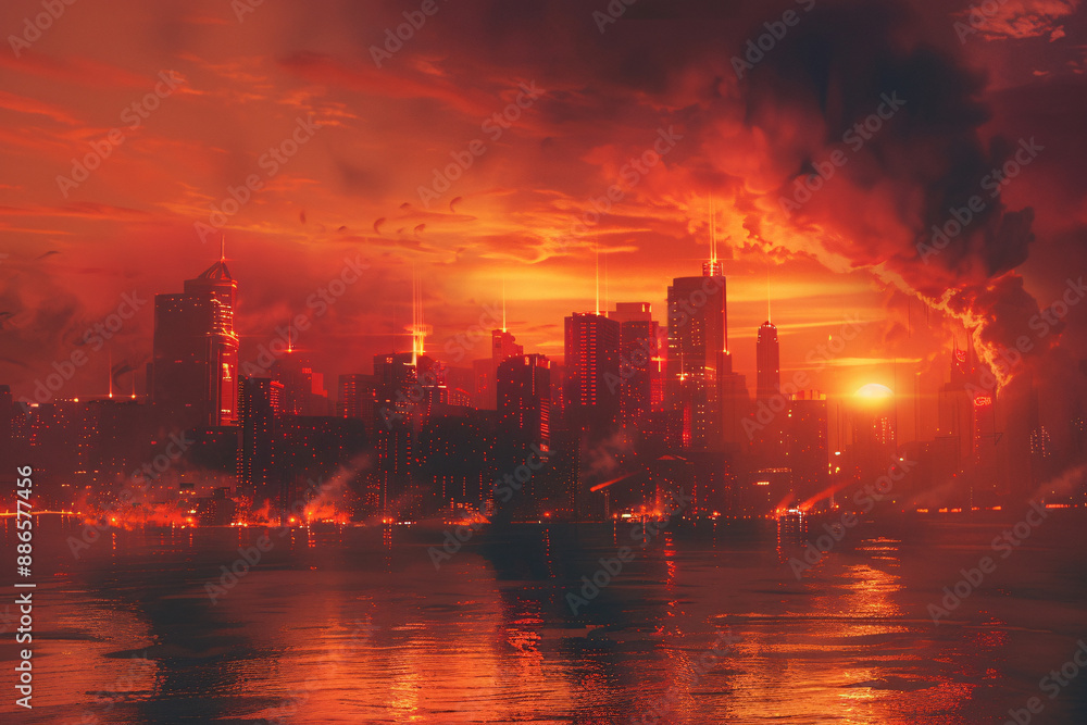 a city skyline with fire and clouds a city skyline with fire and clouds