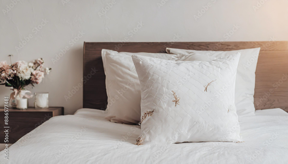 Clean Bedding sheets and pillow on natural wall room background. White bedding and pillow in hotel room. White pillows on empty bed. Clean Bedding sheets and pillow on natural wall room background. White bedding and pillow in hotel room. White pillows on empty bed.