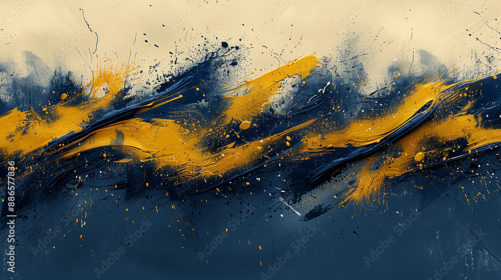 Obraz premium Artistic Fusion of Minimalist and Abstract Expressionism with Basketball Elements, Featuring Navy Blue and Yellow Shapes and Splashes