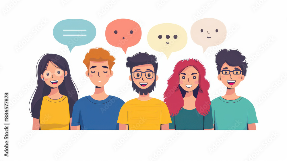 Illustration showing a diverse group of people with speech bubbles, depicting communication, diversity, and social interaction. Illustration showing a diverse group of people with speech bubbles, depicting communication, diversity, and social interaction.