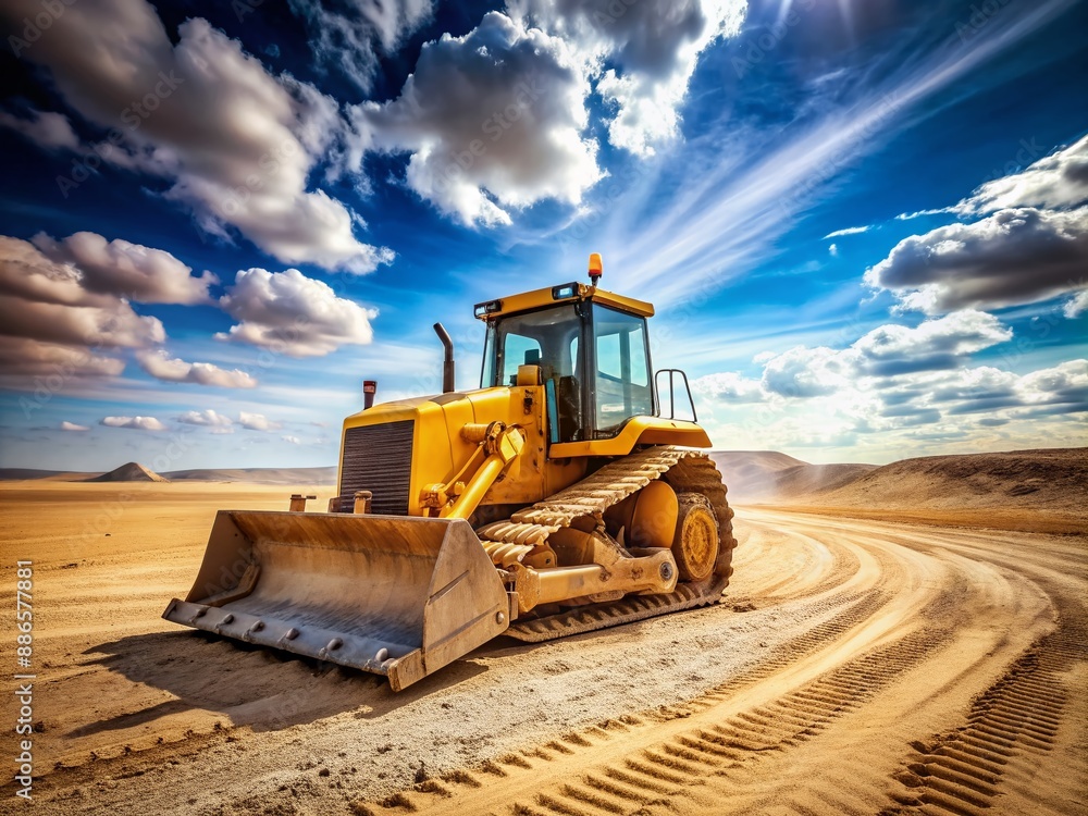 Heavy-duty yellow bulldozer machine stands alone on a dry dirt road surrounded by barren landscape with clear blue sky and few white puffy clouds. Heavy-duty yellow bulldozer machine stands alone on a dry dirt road surrounded by barren landscape with clear blue sky and few white puffy clouds.